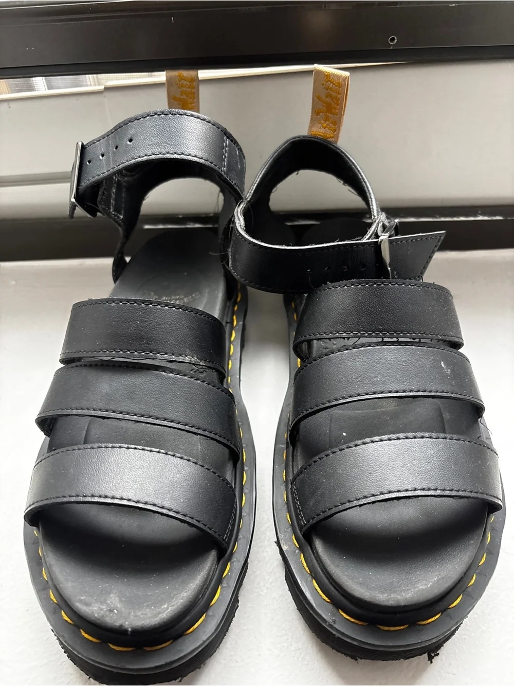 Dr. Martens Black Leather Platform Sandals with Yellow Stitching